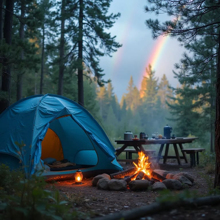 A bright blue tent rests in an overgrown forest clearing. A warm campfire, lantern, and picnic table make the campsite feel cozy, while a rainbow shines above the trees.