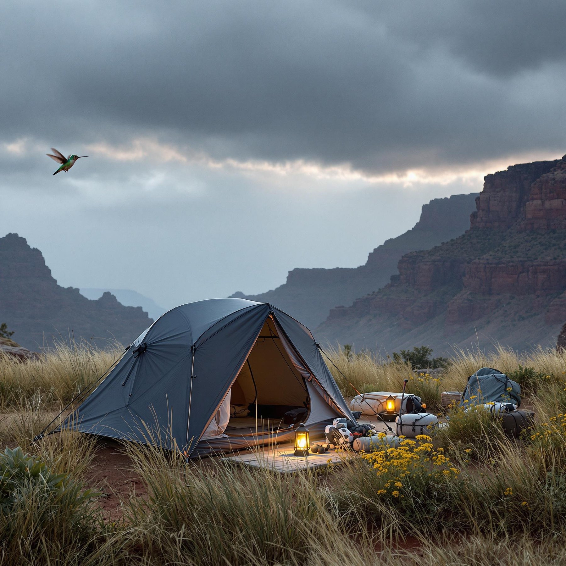 A dark gray tent rests in tall grass near the Grand Canyon as fog rolls through the stormy morning. A lantern glows beside an outdoor shower, while hikers explore nearby and a tiny hummingbird hovers over a flower.