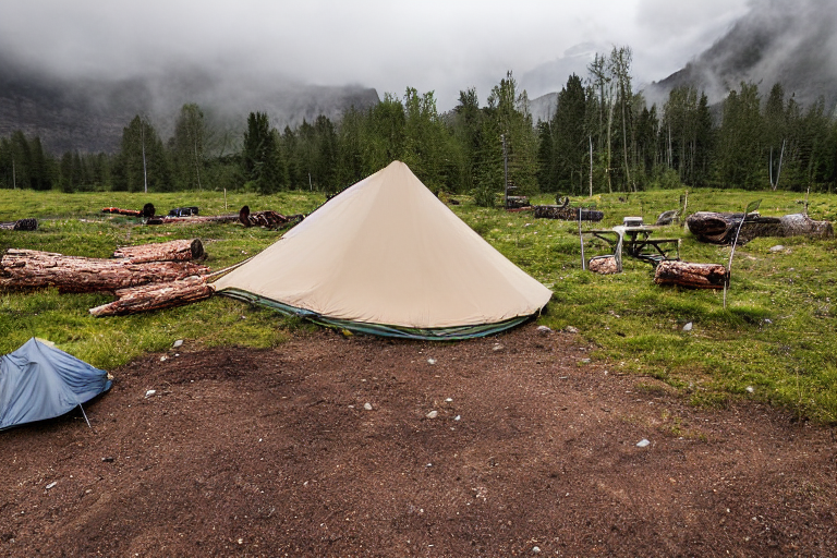 A tan tent rests on a quiet dirt campsite in Norway beneath cloudy night skies. A warm campfire glows beside large logs, while a winding hiking path and small wildflowers add charm to the scene.