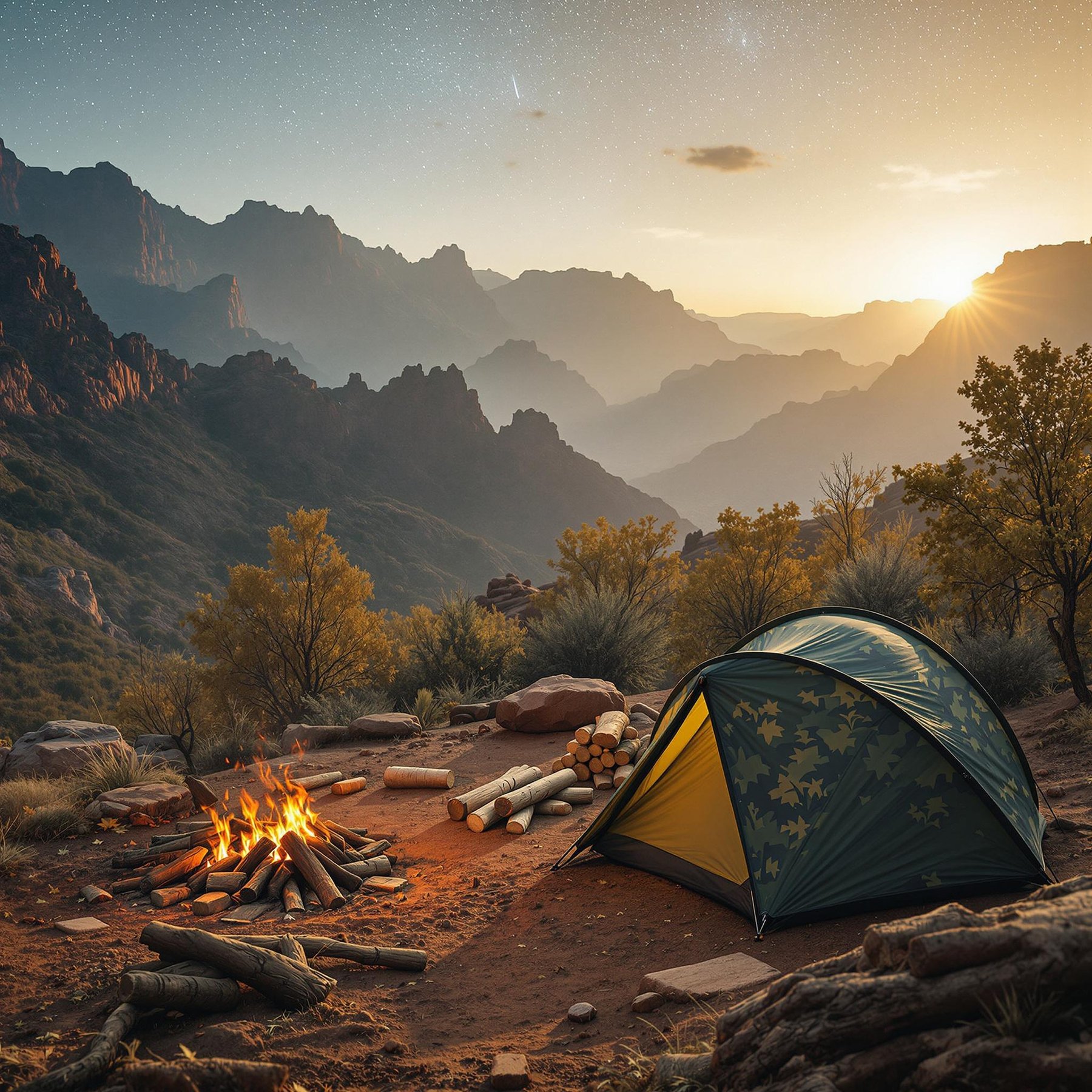 A cozy tent nestles by a crackling campfire under a starlit sky. The rocky mountains stand tall in the background, painted orange by the setting sun. It's a perfect spot for adventure and star-gazing.