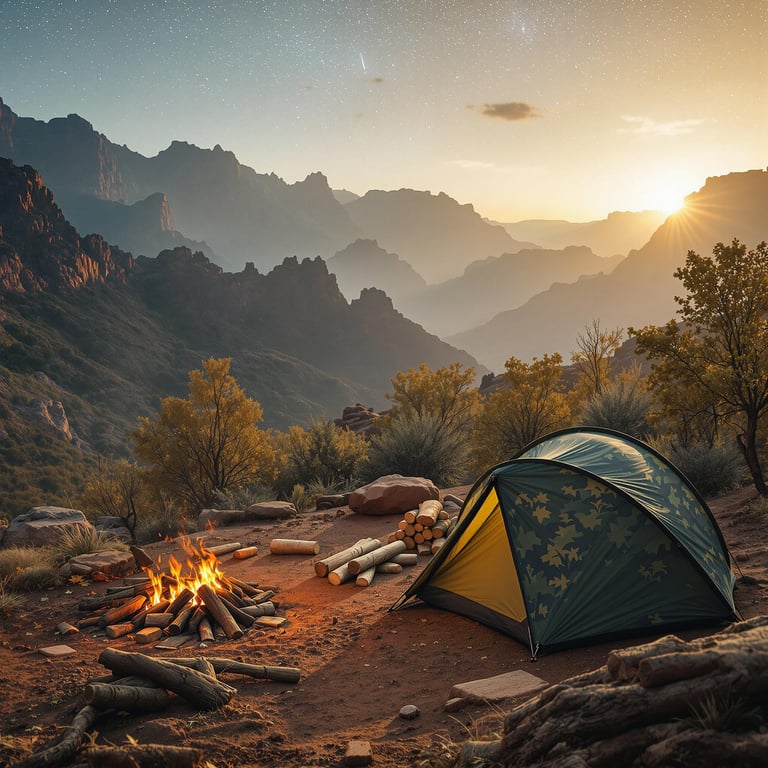 A cozy tent nestles by a crackling campfire under a starlit sky. The rocky mountains stand tall in the background, painted orange by the setting sun. It's a perfect spot for adventure and star-gazing.