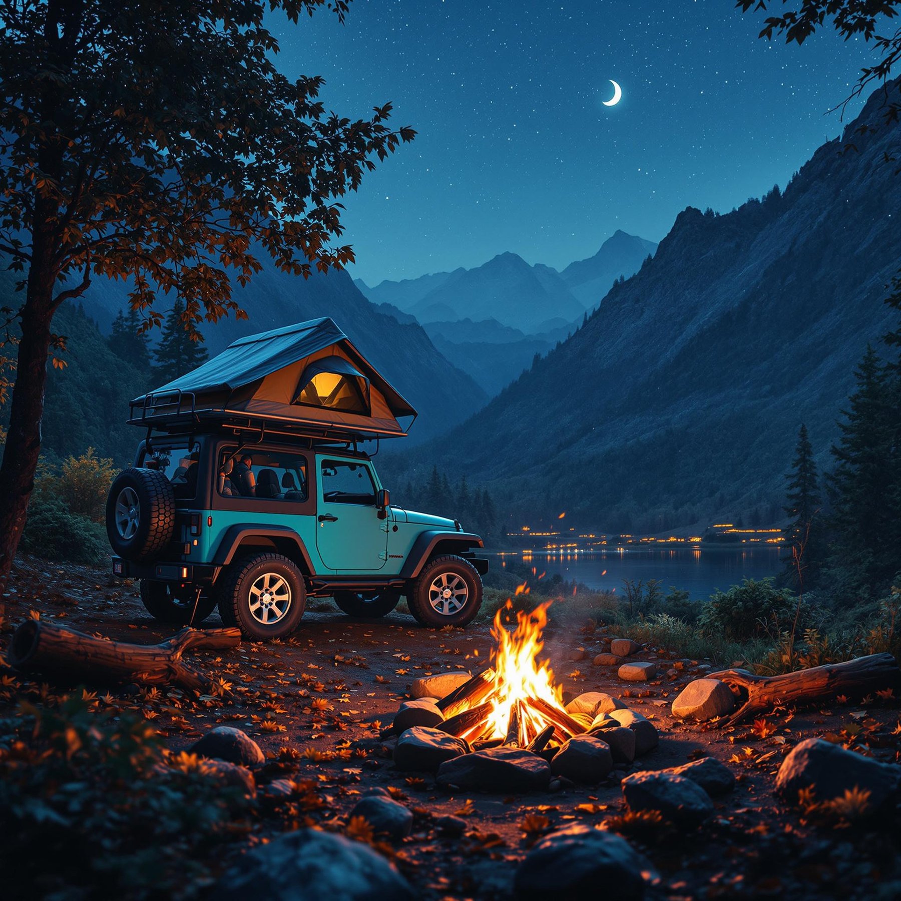 Under a sparkling starry sky and crescent moon, this cozy campsite nestles by a serene lake, surrounded by majestic mountains. A warm campfire crackles beside a cheerful jeep with a pop-up tent. The atmosphere is peaceful and full of adventure.