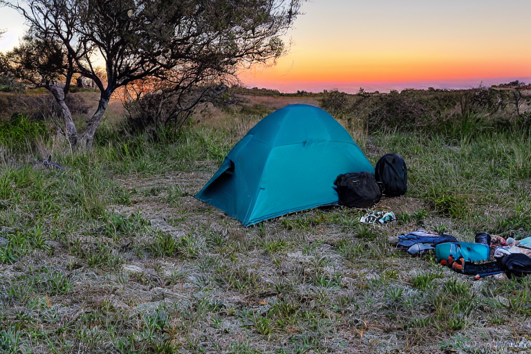 A teal tent sits on a paved campsite near San Diego Beach as the sun sets. Camping chairs, a backpack, and hikers rest around a small dirt patch, with rolling hills and a clear sky in the distance.