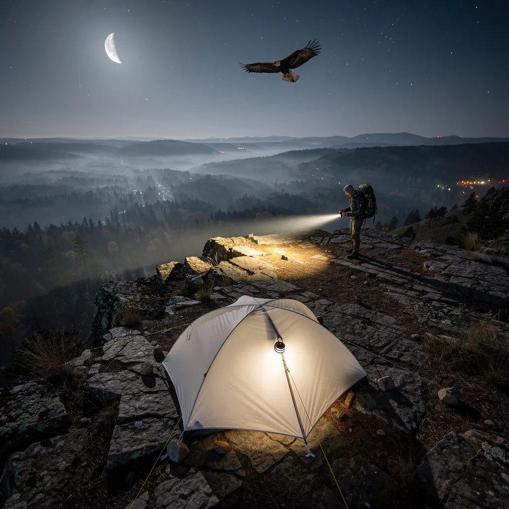 A white tent sits on a rocky cliff above a quiet forest valley under a thin crescent moon. A warm headlamp glow spills onto the stone and dry leaves, making the night feel cozy. Farther back, a lone hiker sweeps a flashlight across the ground, while a golden eagle glides like a tiny shadow in the sky.