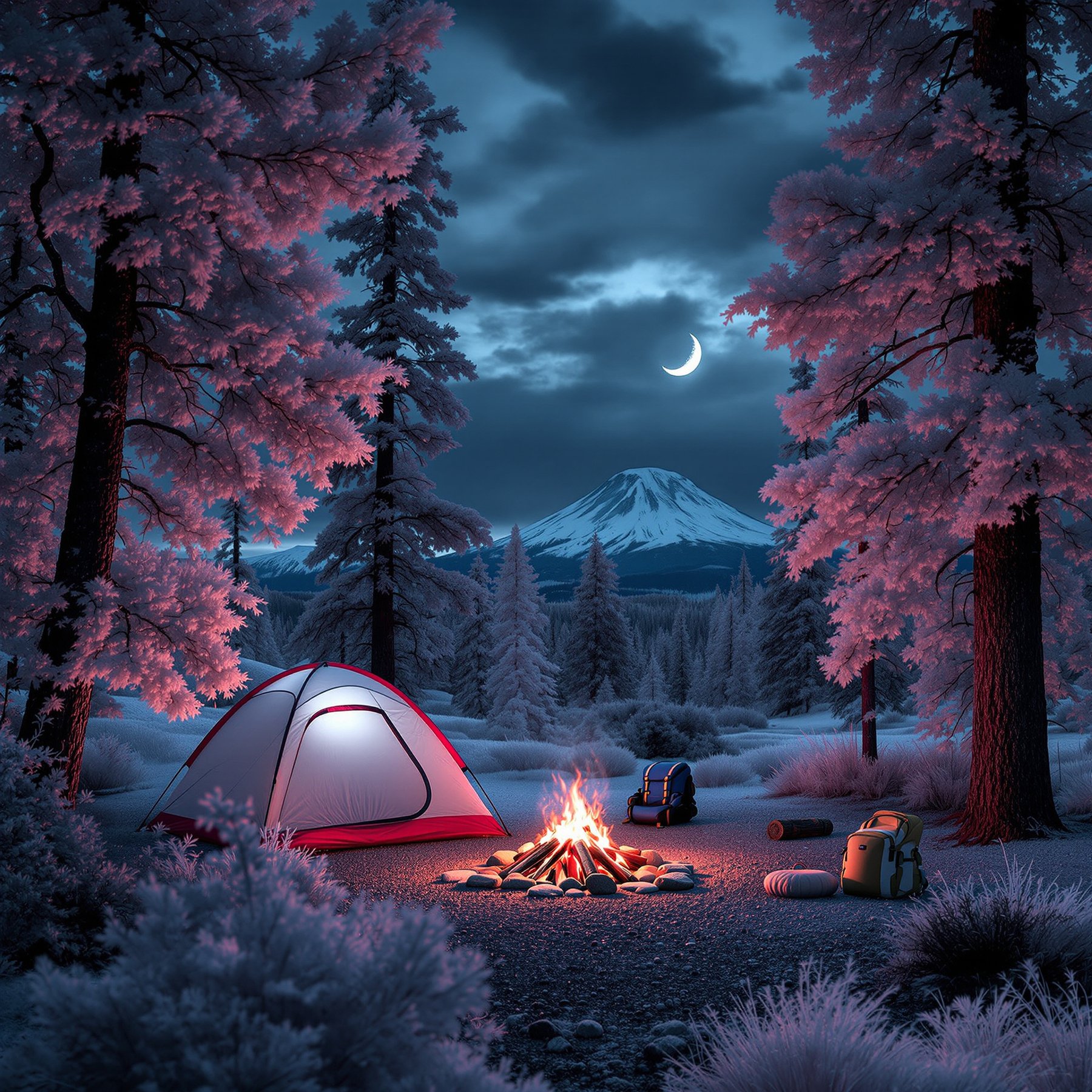 A cozy tent glows by a warm campfire under tall, frosty trees. The moon shines bright in the night sky, with a snowy mountain in the distance. This campsite feels peaceful and magical.