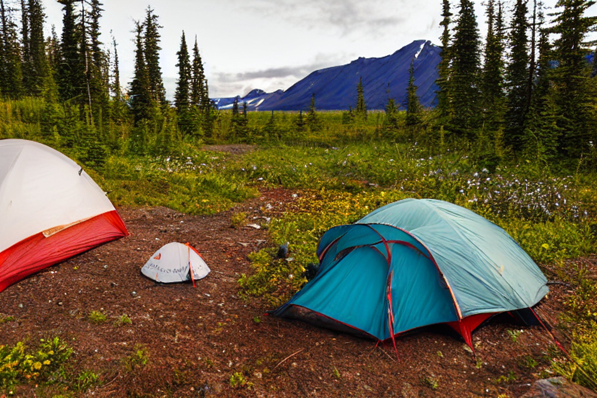 A white tent rests on a quiet dirt campsite in the Alaska wilderness beneath a clear night sky. A backpack, camping gear box, and small wildflowers sit nearby, adding a cozy touch to the peaceful scene.