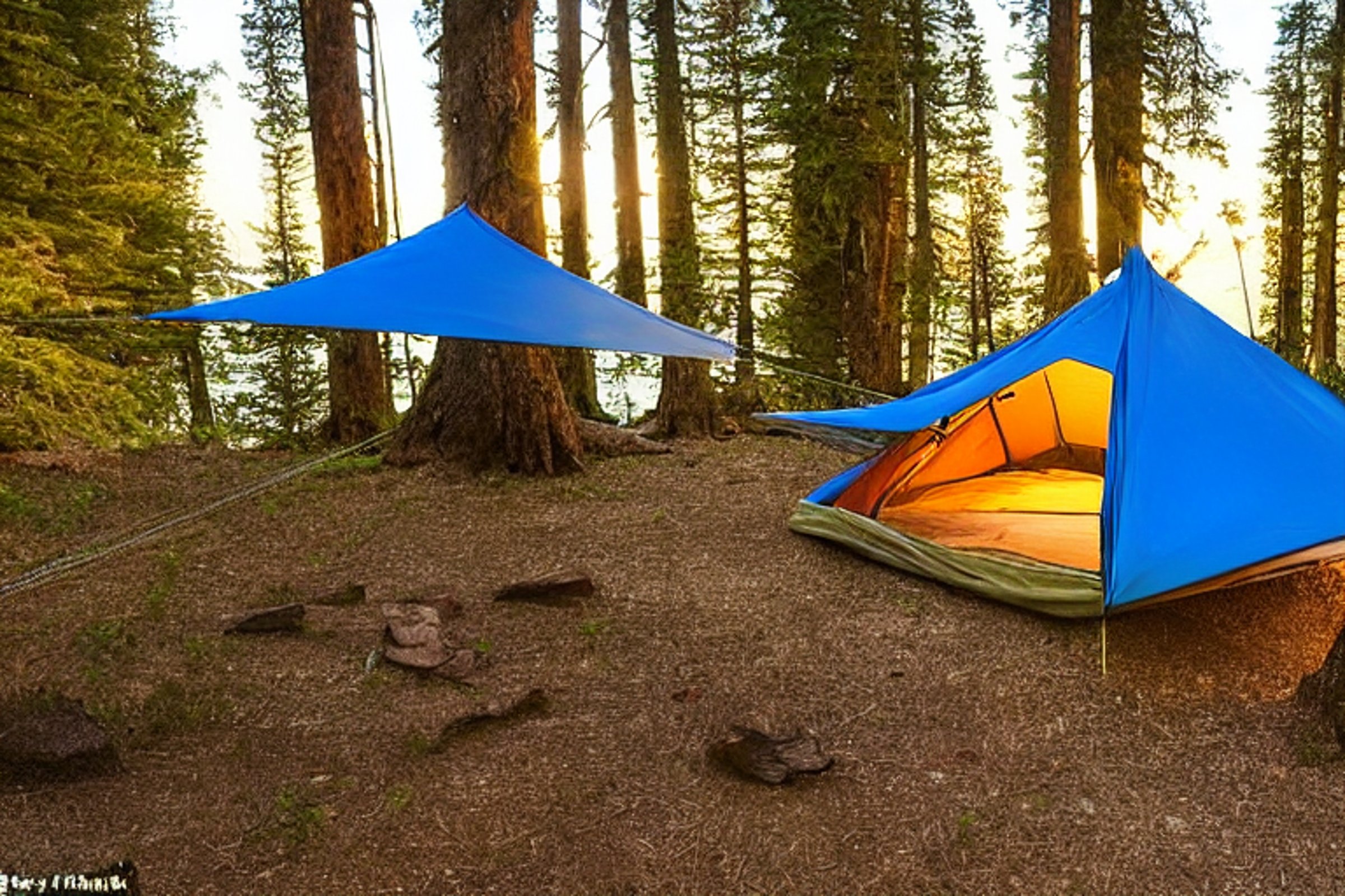 A cozy blue tent rests among coastal trees and boulders as dusk settles over California. A warm campfire glows nearby, with a hammock hanging between two trees. A quiet hiking path winds through the twigs and rocks under a clear sky.