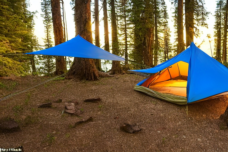 A cozy blue tent rests among coastal trees and boulders as dusk settles over California. A warm campfire glows nearby, with a hammock hanging between two trees. A quiet hiking path winds through the twigs and rocks under a clear sky.