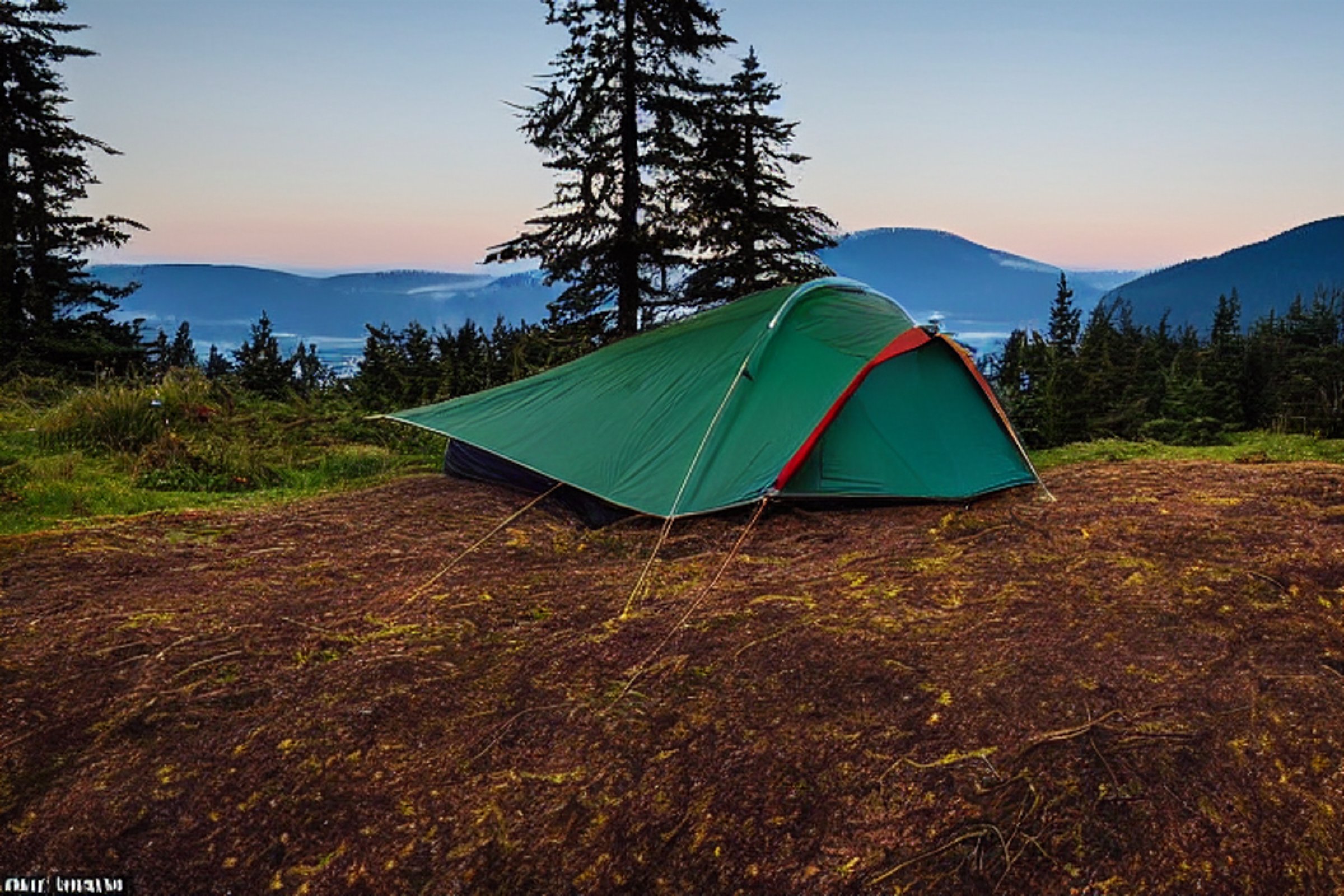 Two forest-green tents sit on a rocky patch beneath a starry night sky. Rolling hills, tall grass, and misty rain surround the campsite, while a warm campfire glows nearby. A car and a few surfers add a fun touch to this wild Vancouver Island setting.