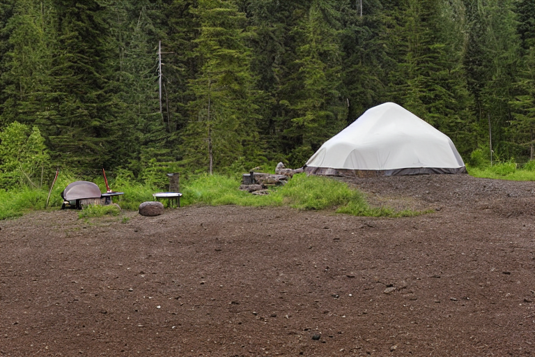 A black tent rests on a quiet dirt campsite in Washington State. Large stone slabs, gravel patches, and a picnic table surround the site, while stormy clouds fill the sky.