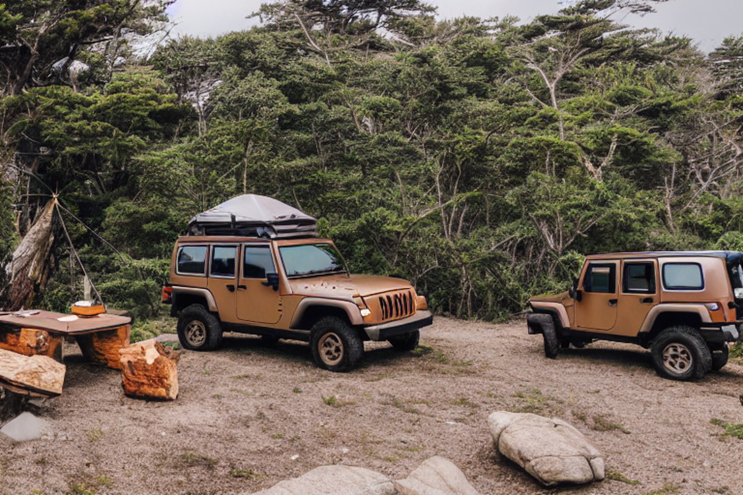 A brown Jeep with a rooftop tent rests on a quiet beach campsite beside the ocean. A hammock hangs from a nearby tree, while a stone-ringed fire pit sits on the rough ground. Misty mountains rise in the distance under a cloudy sky.