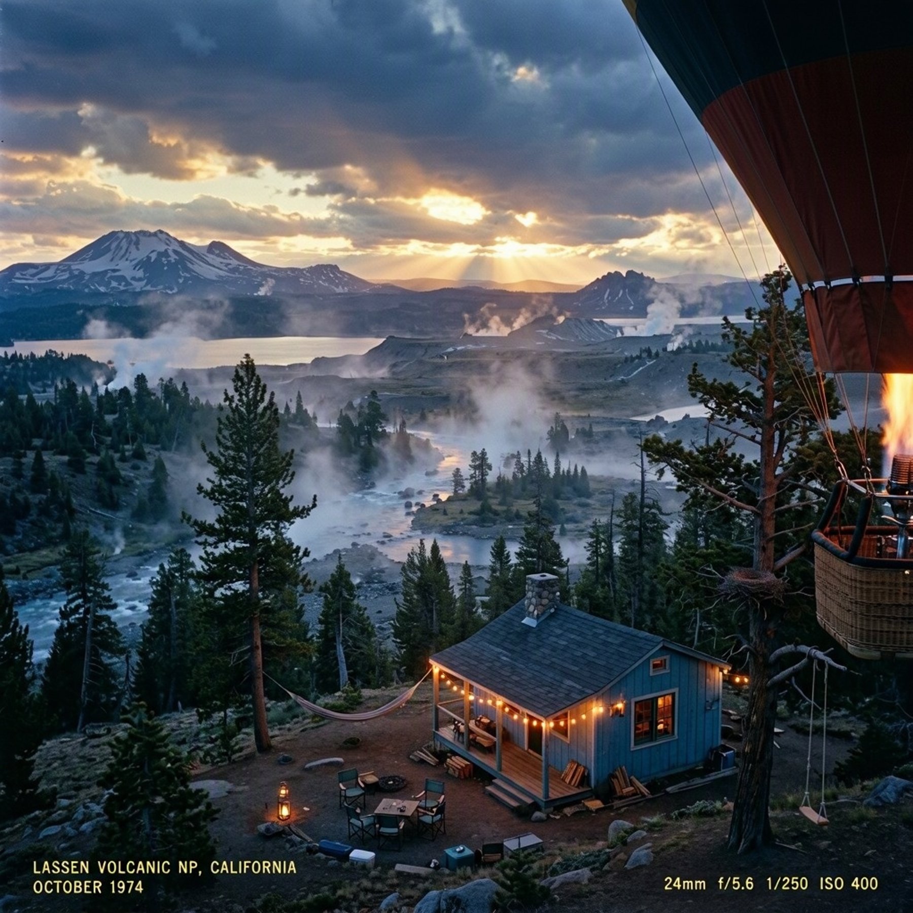 A quiet sky-blue cabin rests among dark pine trees on a volcanic plateau. Mist rises from the nearby river as golden light breaks through the stormy dusk sky. A hammock, rope swing, glowing bulbs, and tidy camping gear make the peaceful camp feel ready for adventure.