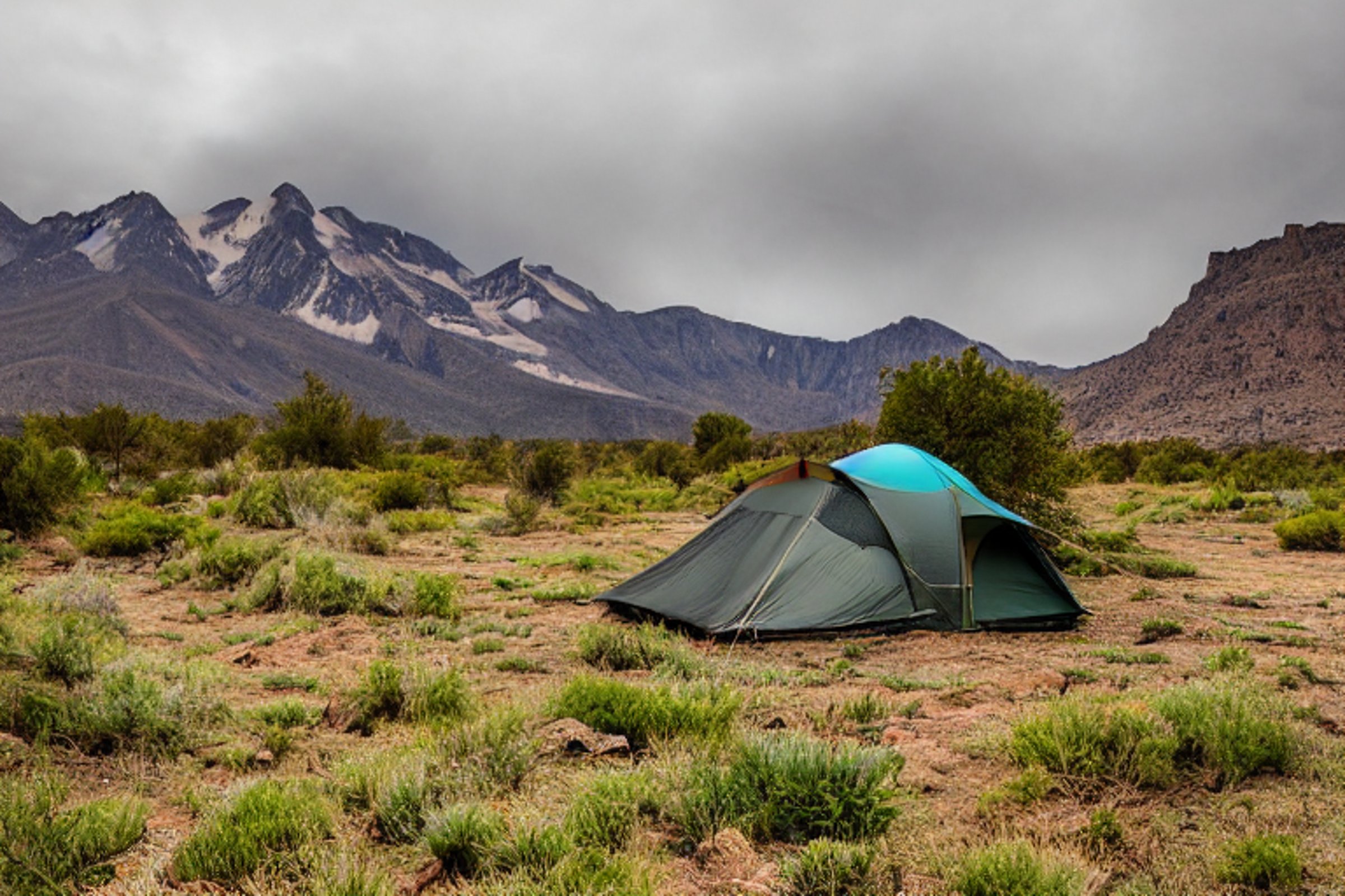 A bright teal tent rests on a paved campsite in the rugged New Mexico desert. Rainy dusk settles over the rocky ground, while ferns and a tall mountain add a wild, peaceful feel.
