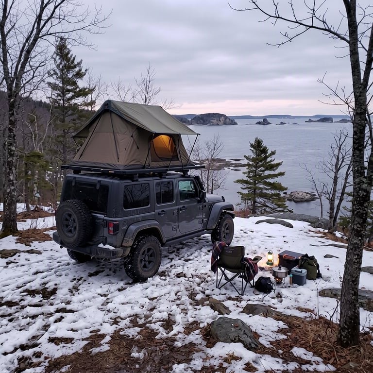 A Jeep with its rooftop tent open rests in a quiet, snowy campsite beneath bare trees. Beyond the evergreens, Lake Superior stretches into the soft winter dusk.