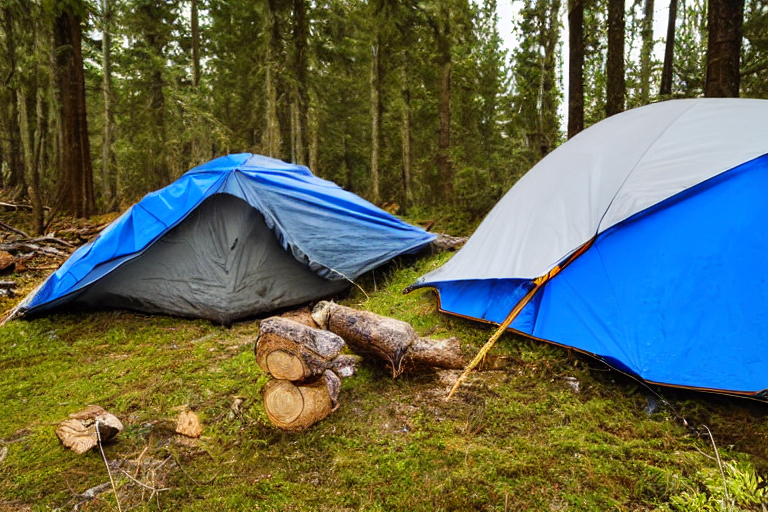A gray-blue tent glows softly beside a quiet creek on a dirt campsite. A warm campfire rests near a large log, while a winding trail disappears into the cloudy night.