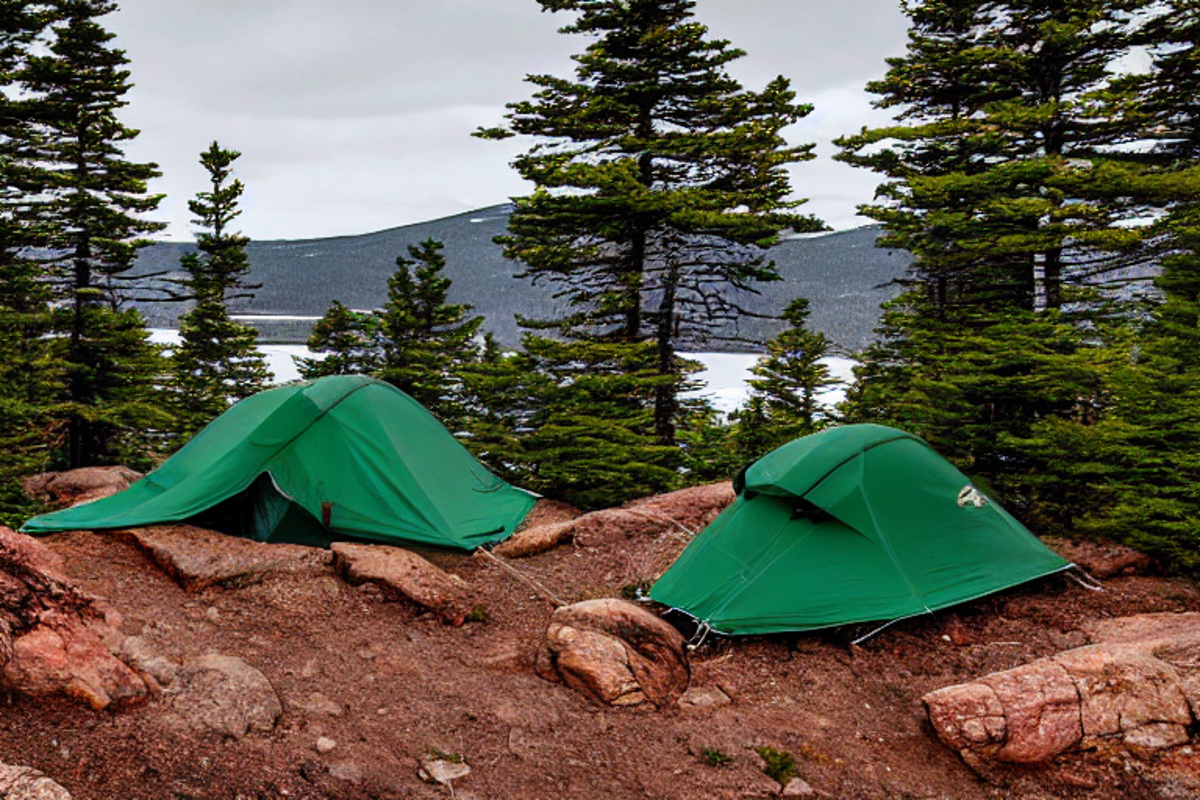 A green tent rests on a snowy campsite beneath bright northern lights. Deer wander near the mountains, while a backpack sits beside a large rock on the dirt.