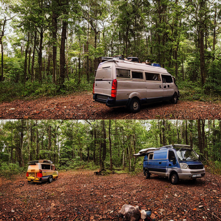 A colorful camper van rests in a rainy forest campsite beside a warm campfire. Tall trees, berry bushes, and a large rock surround the muddy clearing, while a nearby tent glows softly inside.