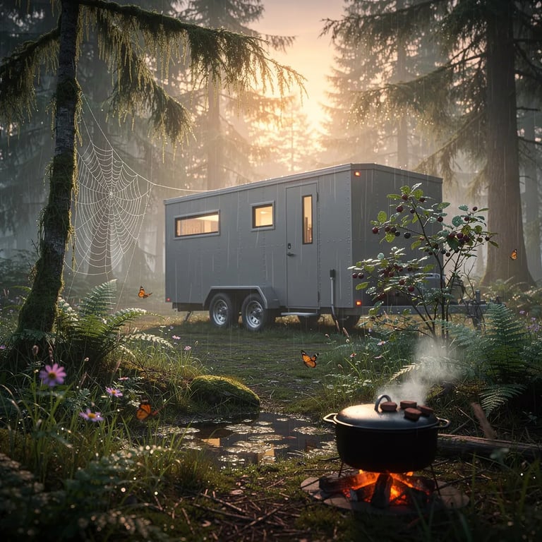 A tiny slate-gray house on wheels sits in a small clearing in a misty rainforest at sunset. Warm golden light slips through the trees and makes the wet ferns and moss glow. A cast-iron pot steams over quiet coals while fog and light drizzle drift through the air. Tiny butterflies flutter near wildflowers and a spider web sparkles with water drops.