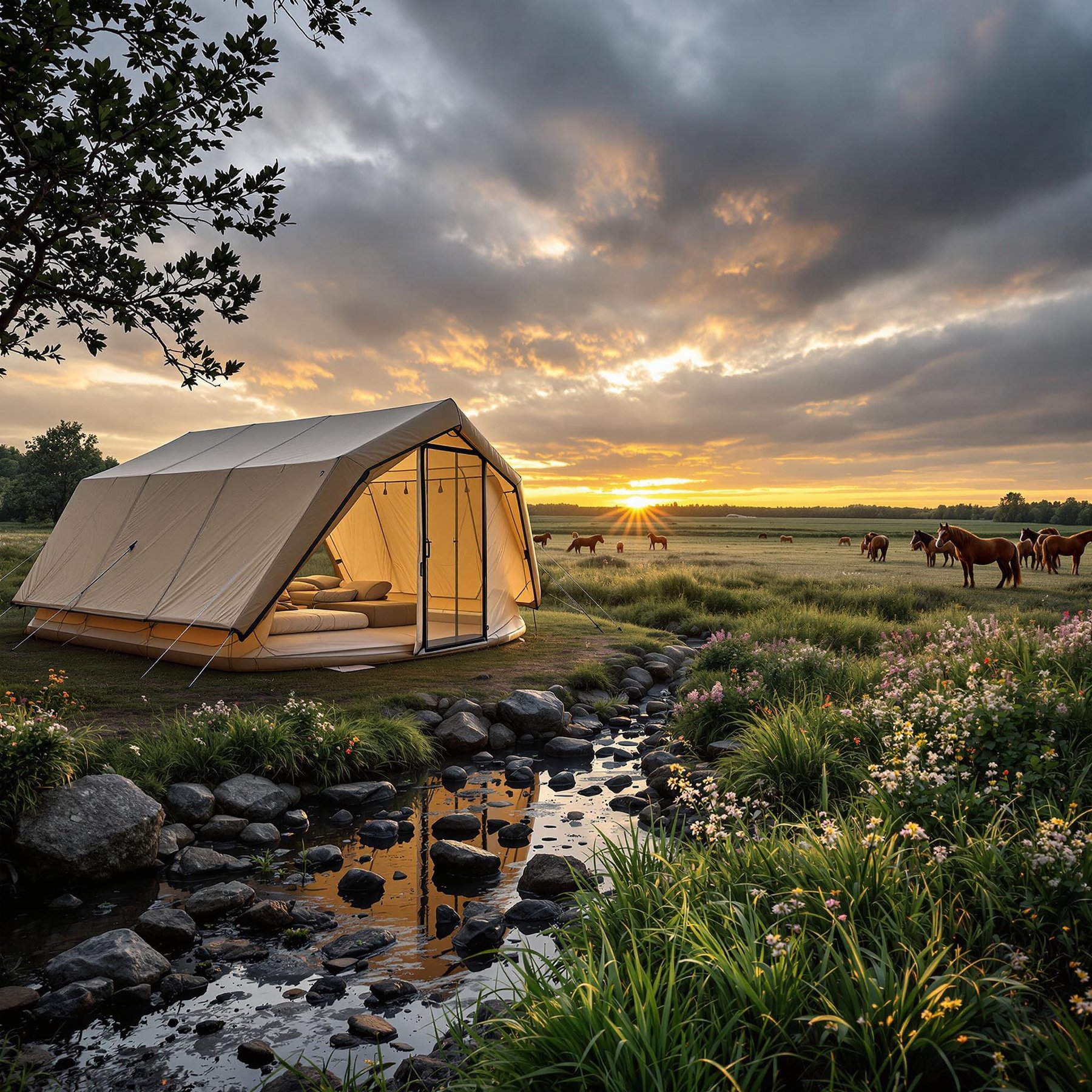 A cozy beige tent rests beside a rocky creek, surrounded by tall grass and bright wildflowers. Stormy sunset clouds fill the sky, while wild horses graze in the distance.