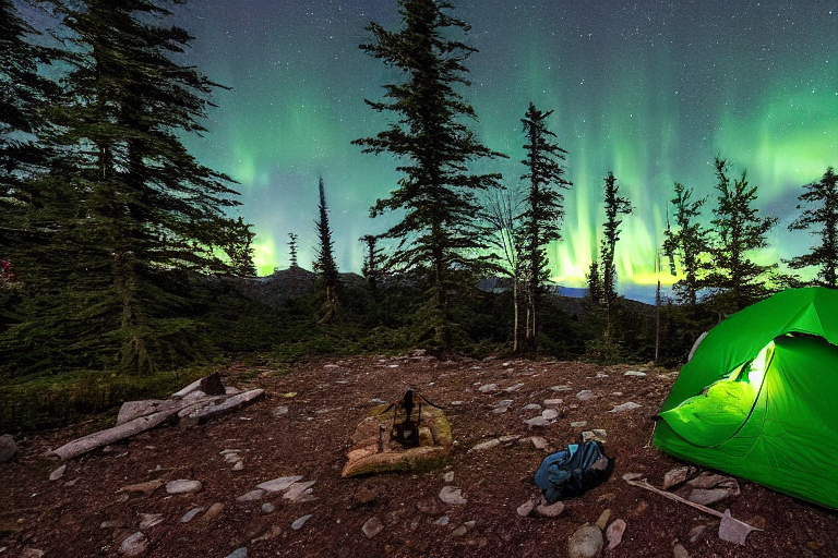 Two green camo tents sit beside a warm campfire in a snowy forest clearing. Bright northern lights glow above the ferns and winding hiking path, while a lantern lights the ground and the moon shines in the distance.