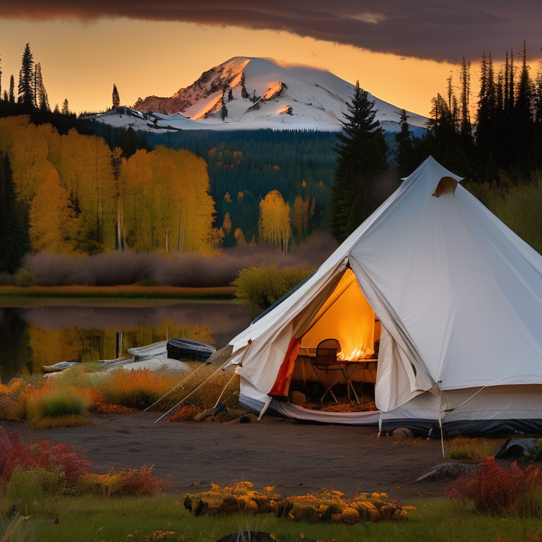 A white tent rests beside a warm campfire on a dirt clearing. Rainy dusk settles over the ferns, golden fall trees, rolling hills, and a tall mountain in the distance.