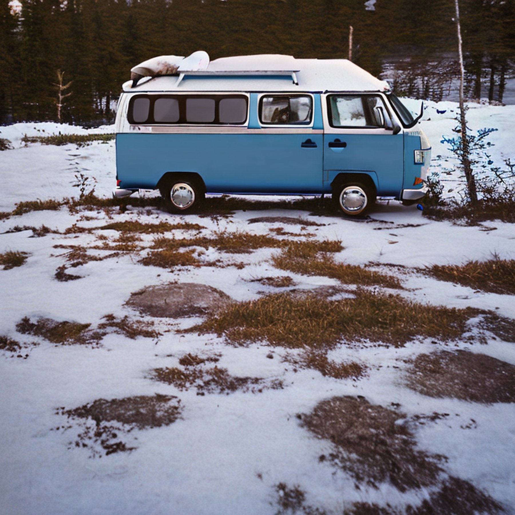 A gray-blue campervan rests on a paved campsite as snow falls softly around it. A picnic table sits nearby, with a deer in the distance and mountains glowing under the sunset.