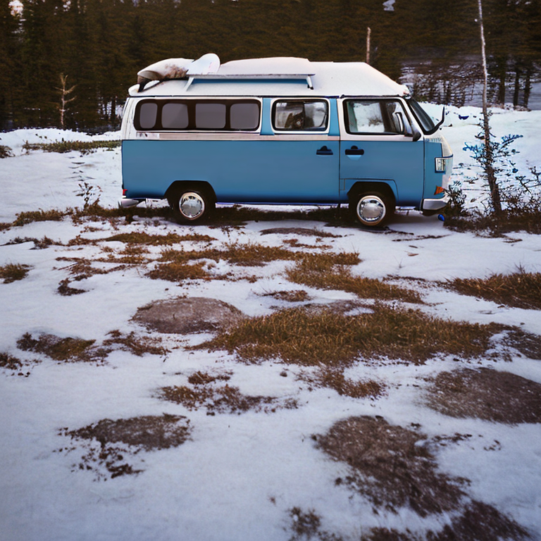 A gray-blue campervan rests on a paved campsite as snow falls softly around it. A picnic table sits nearby, with a deer in the distance and mountains glowing under the sunset.