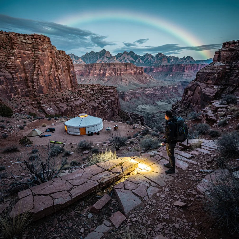 At blue-hour twilight, red sandstone cliffs tower over a quiet desert campsite far below. A grey-and-orange yurt sits on the rocky ground, surrounded by a few dry shrubs. A lone hiker shines a warm flashlight, making a small golden glow in the cool evening air. High above, a thin rainbow-like arc curves across the pale clouds.