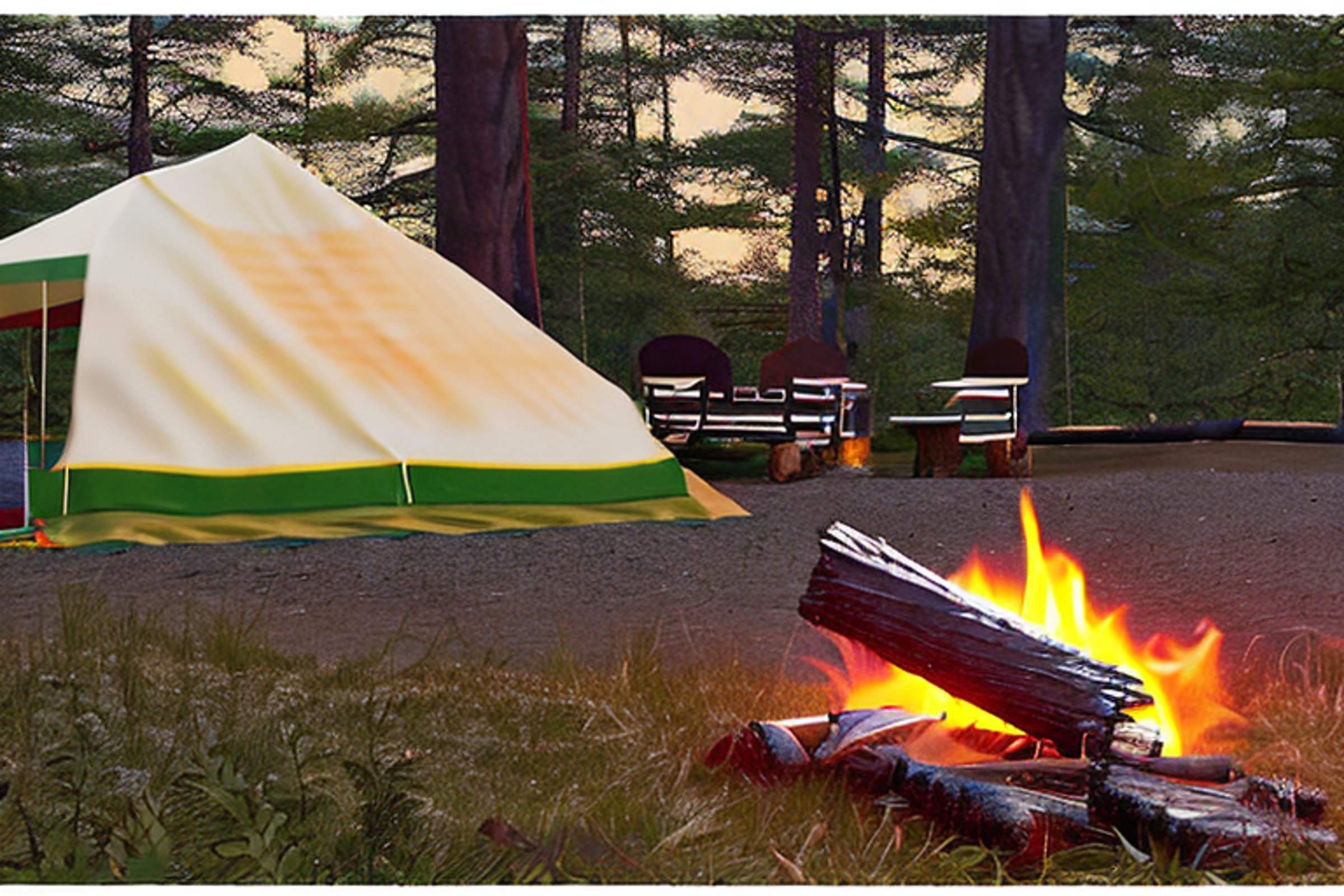 A cozy tent rests at a quiet campsite in snowy Upstate New York. Warm golden light shines over the stone-covered ground, picnic table, and campfire logs. Small flowers add a gentle touch of color near the dirt clearing.