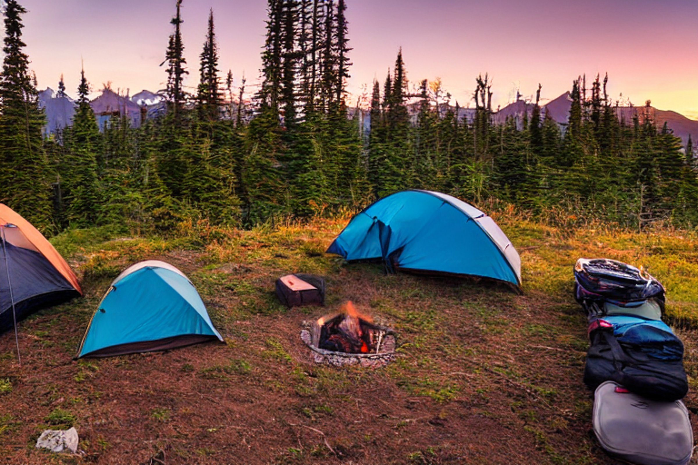Two tan tents sit in an Alaskan wilderness campsite surrounded by rolling hills. A campfire glows among a ring of stones as the sun sets, warming the peaceful scene. A box of camping gear rests nearby on the dirt.
