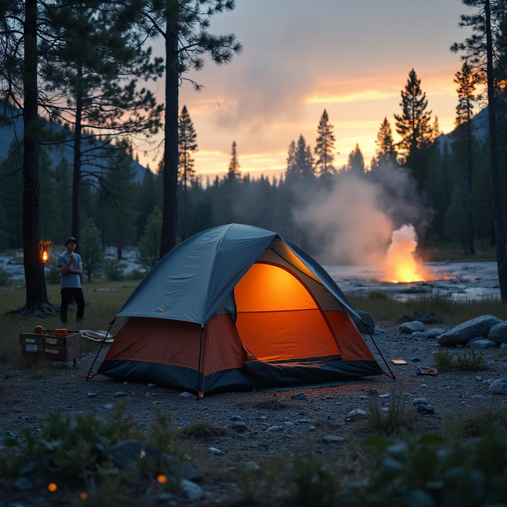 A gray and orange tent rests beside a steaming geyser in a quiet forest clearing. Golden light fades into a starry sky as fireflies glow around the campsite. Camping gear sits on the rocky ground, while a distant camper shines a flashlight.