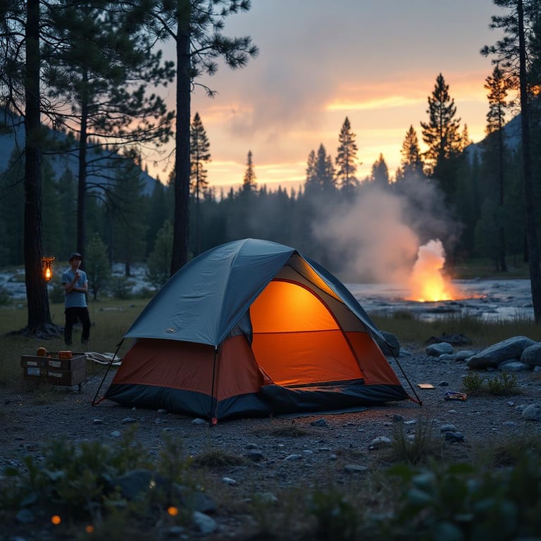 A gray and orange tent rests beside a steaming geyser in a quiet forest clearing. Golden light fades into a starry sky as fireflies glow around the campsite. Camping gear sits on the rocky ground, while a distant camper shines a flashlight.