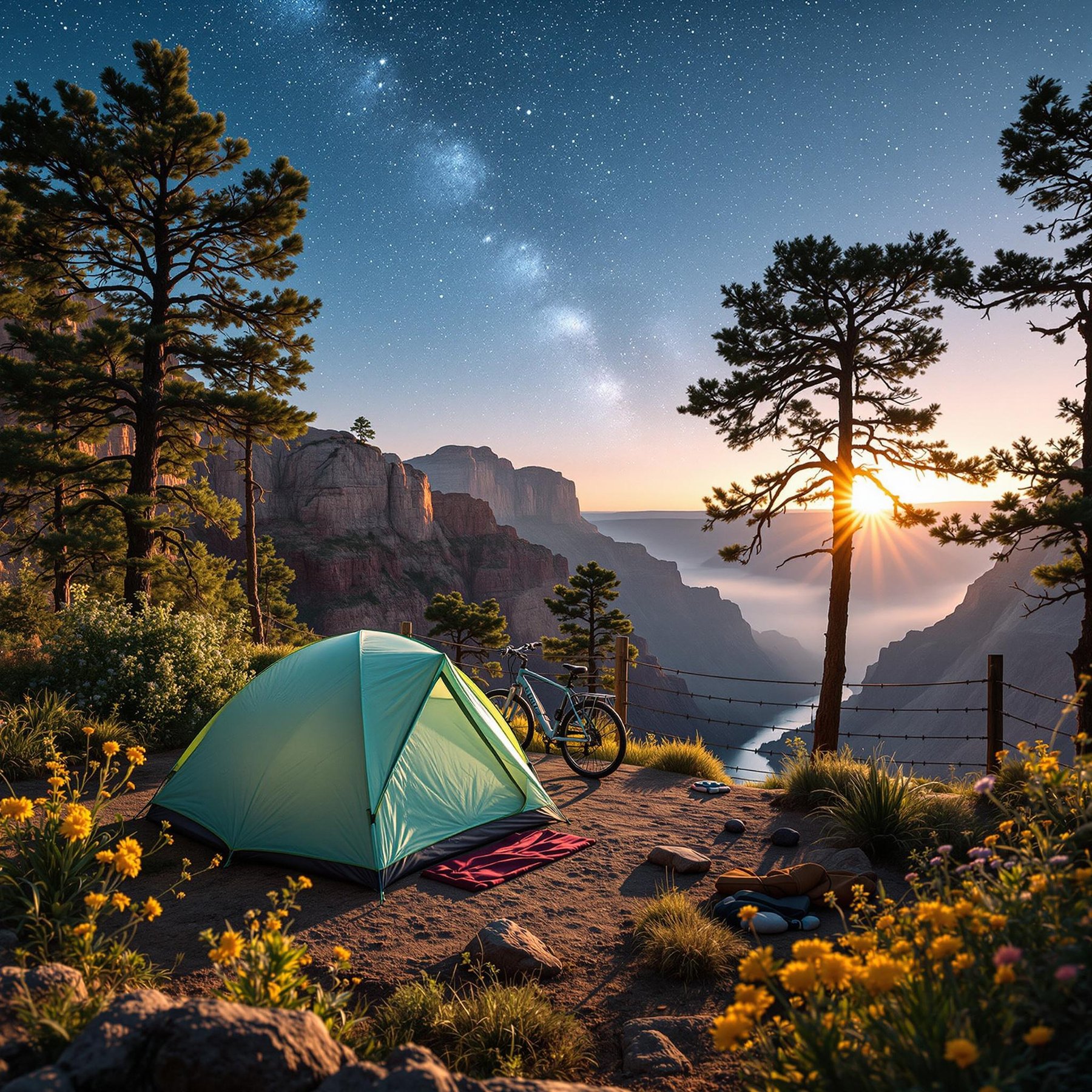 A mint-green tent rests near the Grand Canyon, surrounded by wildflowers and tall trees. A bicycle waits nearby as soft mist rises from the river below. From the bridge, the campsite glows under a sunny sky with stars beginning to appear.