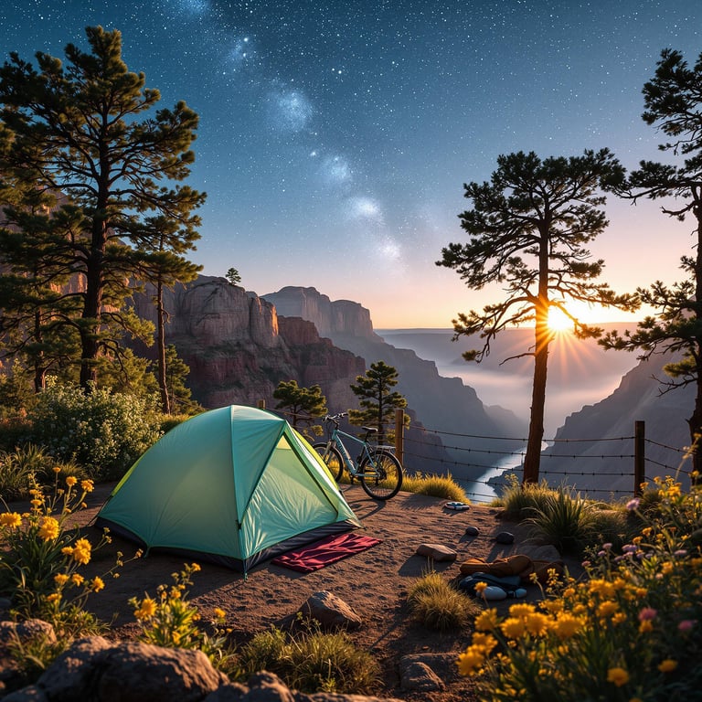 A mint-green tent rests near the Grand Canyon, surrounded by wildflowers and tall trees. A bicycle waits nearby as soft mist rises from the river below. From the bridge, the campsite glows under a sunny sky with stars beginning to appear.
