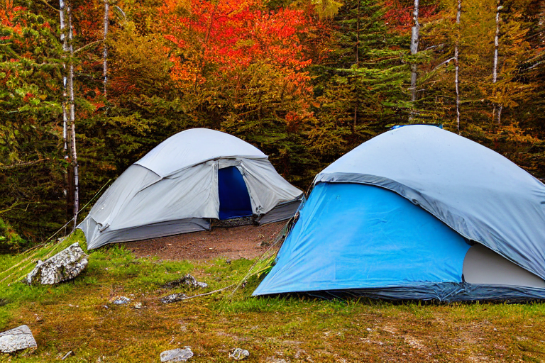 A gray and blue tent rests beside a warm campfire on a rocky patch of ground. Bright fall trees and thick bushes surround the campsite, while golden leaves scatter under a clear blue sky.