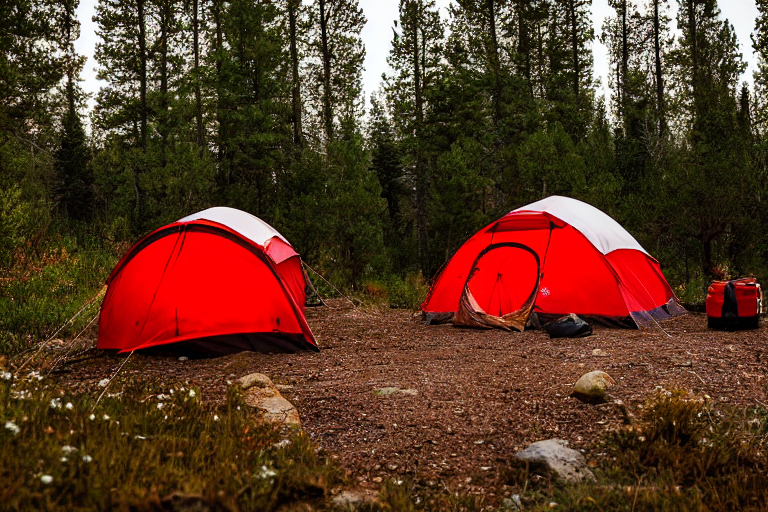 A red and white tent rests on a quiet dirt campsite in Colorado. Morning fog drifts through the cool air as the sun begins to rise. Stones, berry bushes, and a box of camping gear surround the site, while a distant camper shines a flashlight.