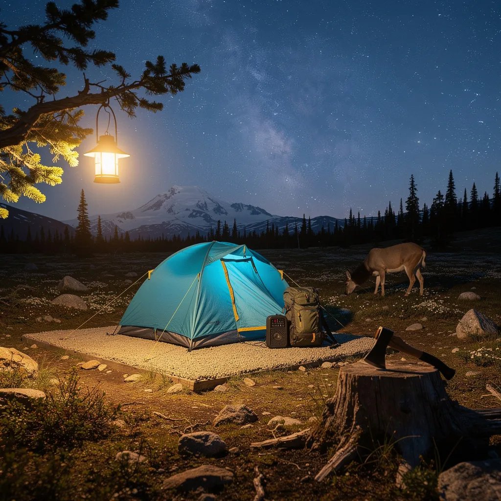 A teal tent sits on a small gravel patch in the quiet tundra, with dark spruce trees standing like shadows nearby. A warm lantern glows from a low branch while the Milky Way stretches bright across the sky. In the distance, a deer grazes calmly, and an axe rests in a worn stump beside a pack and a small speaker.