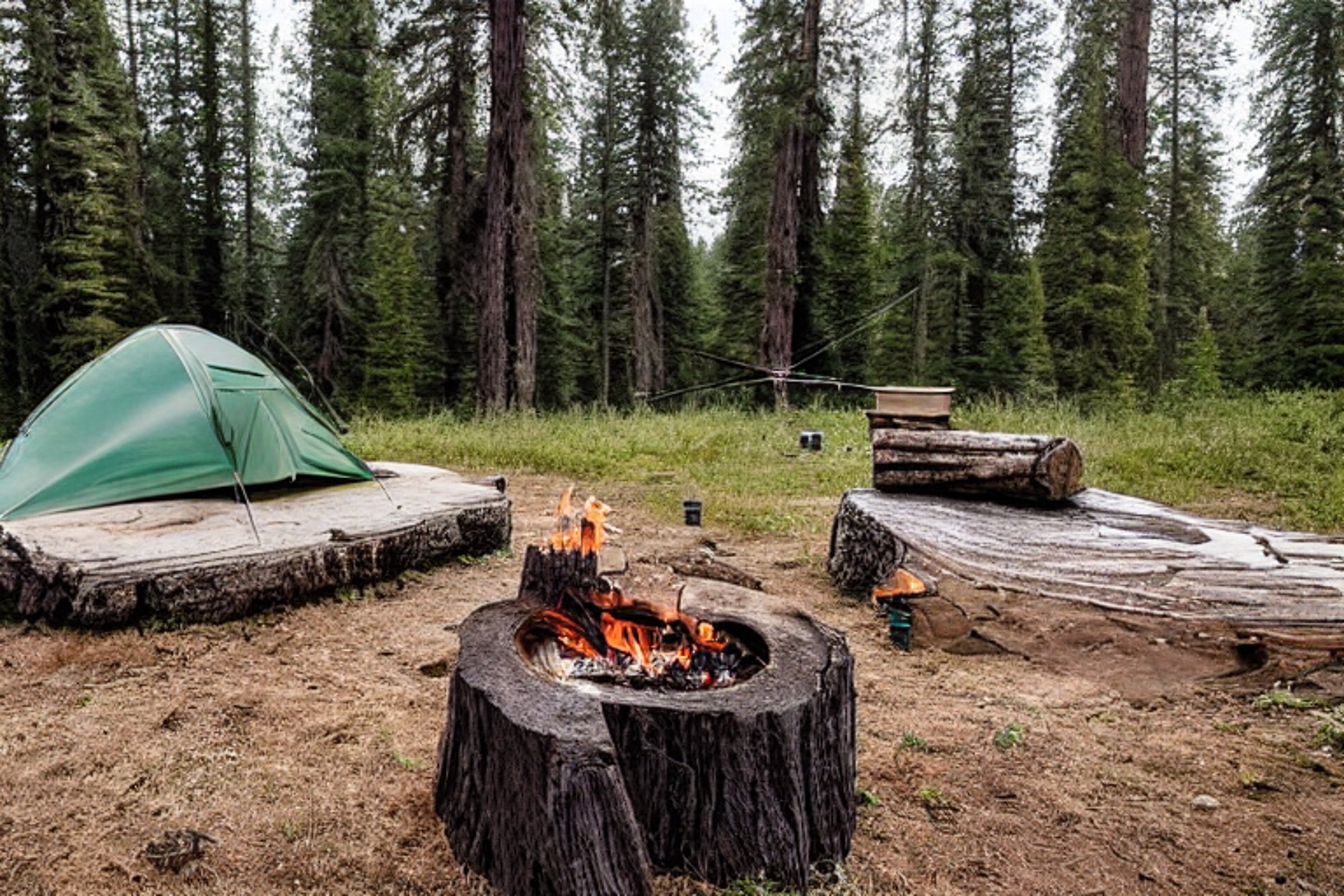 A green camo tent rests beside a paved campsite in Yosemite under a star-filled sky. A warm campfire glows among large stone slabs, while a hammock hangs between the trees. Overgrown grass and a cloudy night give the site a quiet, wild feeling.