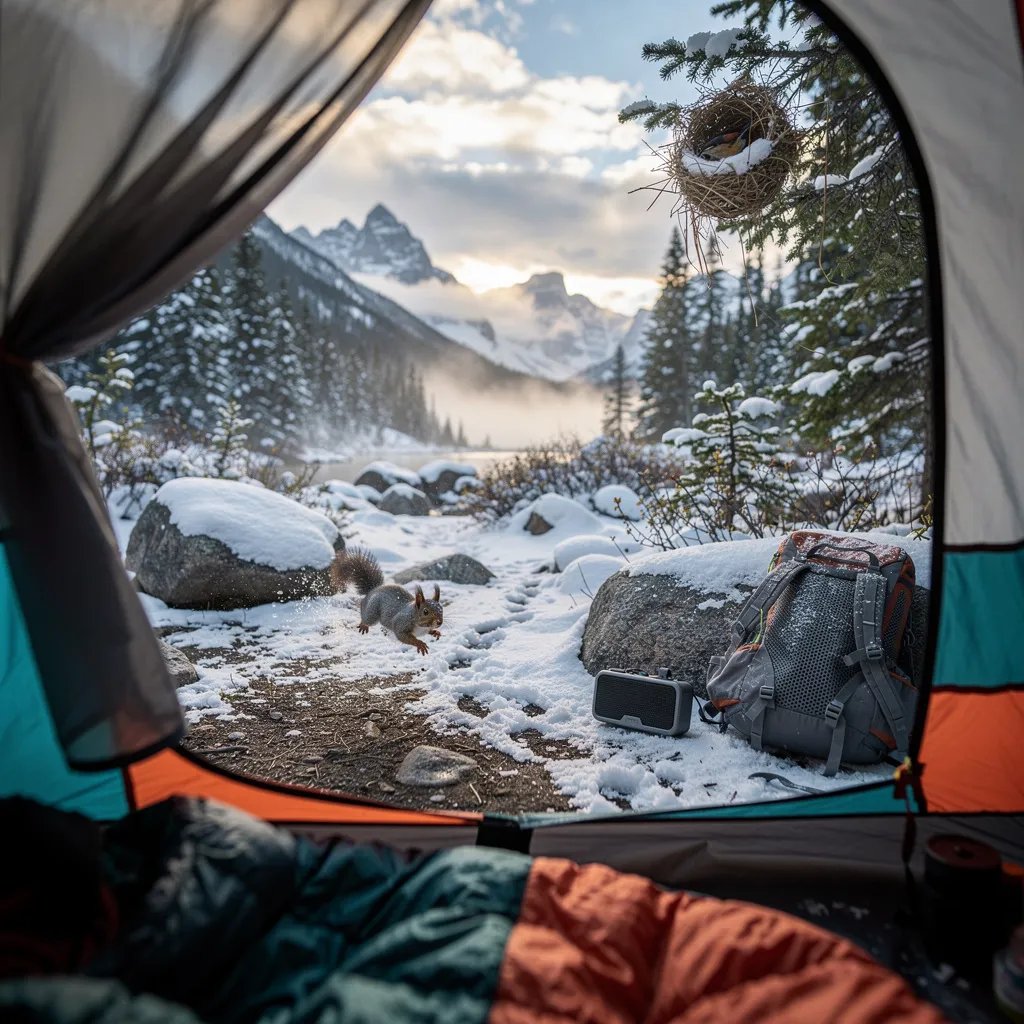 You peek out from a colorful tent into a quiet Rocky Mountain campsite, dusted with fresh snow after the storm. Tall fir trees stand around you, and faraway peaks shine under broken clouds with little bits of blue sky. A squirrel darts past tiny paw prints in the wet ground, and a small speaker sits by a backpack while a bird nest hides in a nearby spruce.