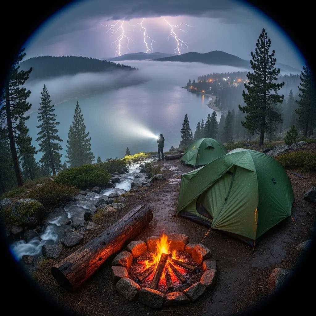 A green tent rests beside a clear stream in a misty Lake Tahoe forest. A small campfire warms the campsite near a large log, while a person’s flashlight glows in the distance. Rolling hills fade into the fog as lightning lights the stormy sky.