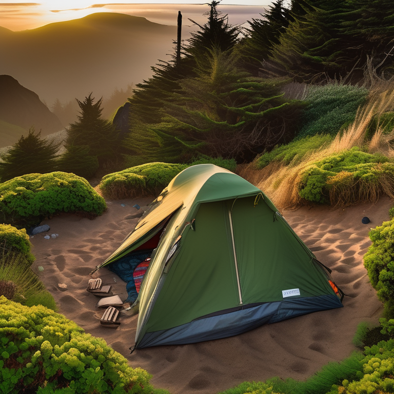 A green tent rests on a sandy campsite at Cannon Beach as the sun sets. A warm campfire glows among the stones, with a guitar and backpack nearby. Tall bushes surround the peaceful spot under a clear sky.