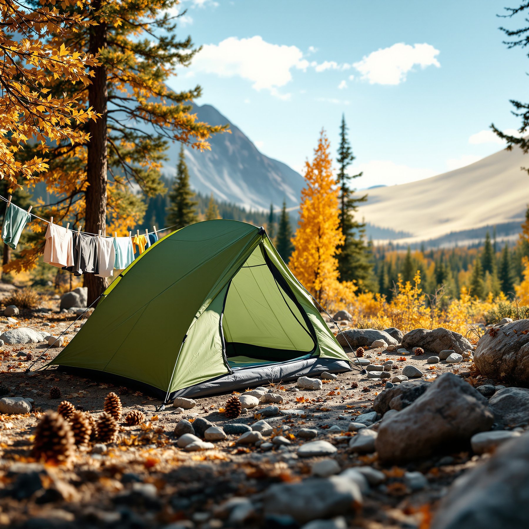 A green tent sits in a sunny forest filled with golden trees and rocky ground. Fresh clothes hang on a line, and tall mountains rise in the background. This campsite feels cozy and peaceful in the crisp mountain air.