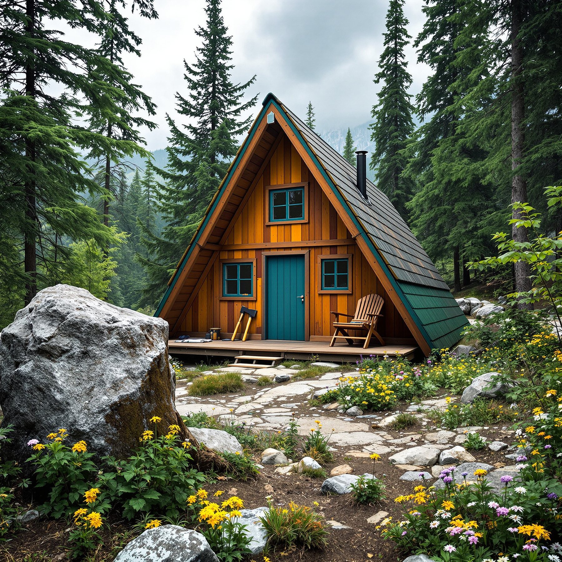 A colorful lean-to shelter rests among wildflowers in Plitvice Lakes National Park. Hikers gather nearby as dark storm clouds fill the sky, with a large rock and an axe in a tree stump adding a wild, rugged feel.
