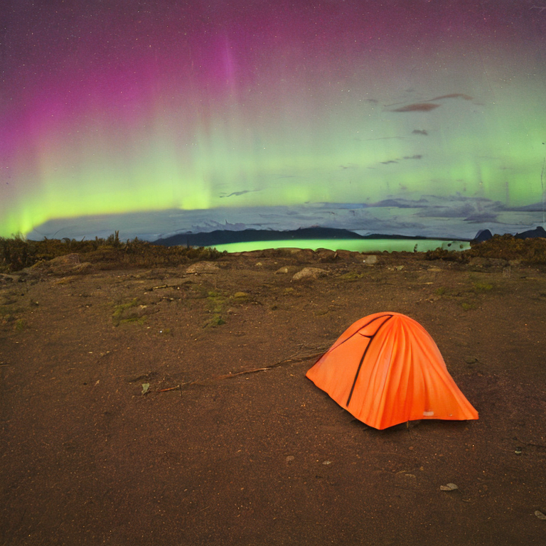 An orange tent glows beside a warm campfire on rocky ground. Above it, bright green auroras ripple across the night sky, with dark mountains in the distance.