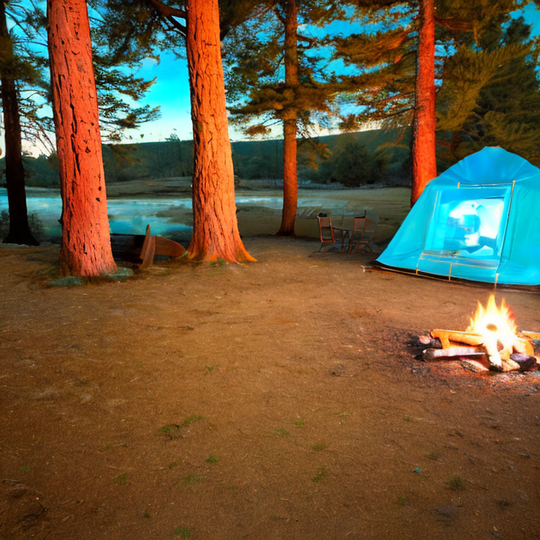 A green tent rests beside a quiet stream under a sky full of stars. Tall trees and smooth stones surround the campsite, while a warm campfire glows on the dirt near the center.