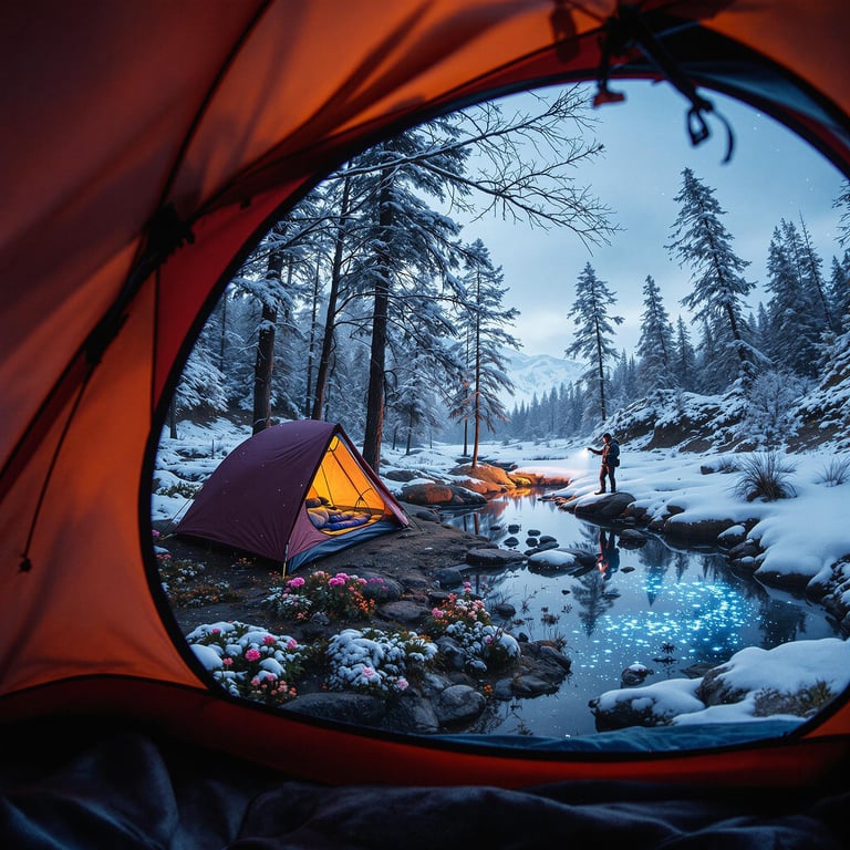 A burgundy tent rests beside a babbling brook as snow falls softly around it. Wildflowers, small trees, and a fishing rod add charm, while glowing algae light up a nearby pond. Far away, a camper shines a flashlight through the quiet woods.