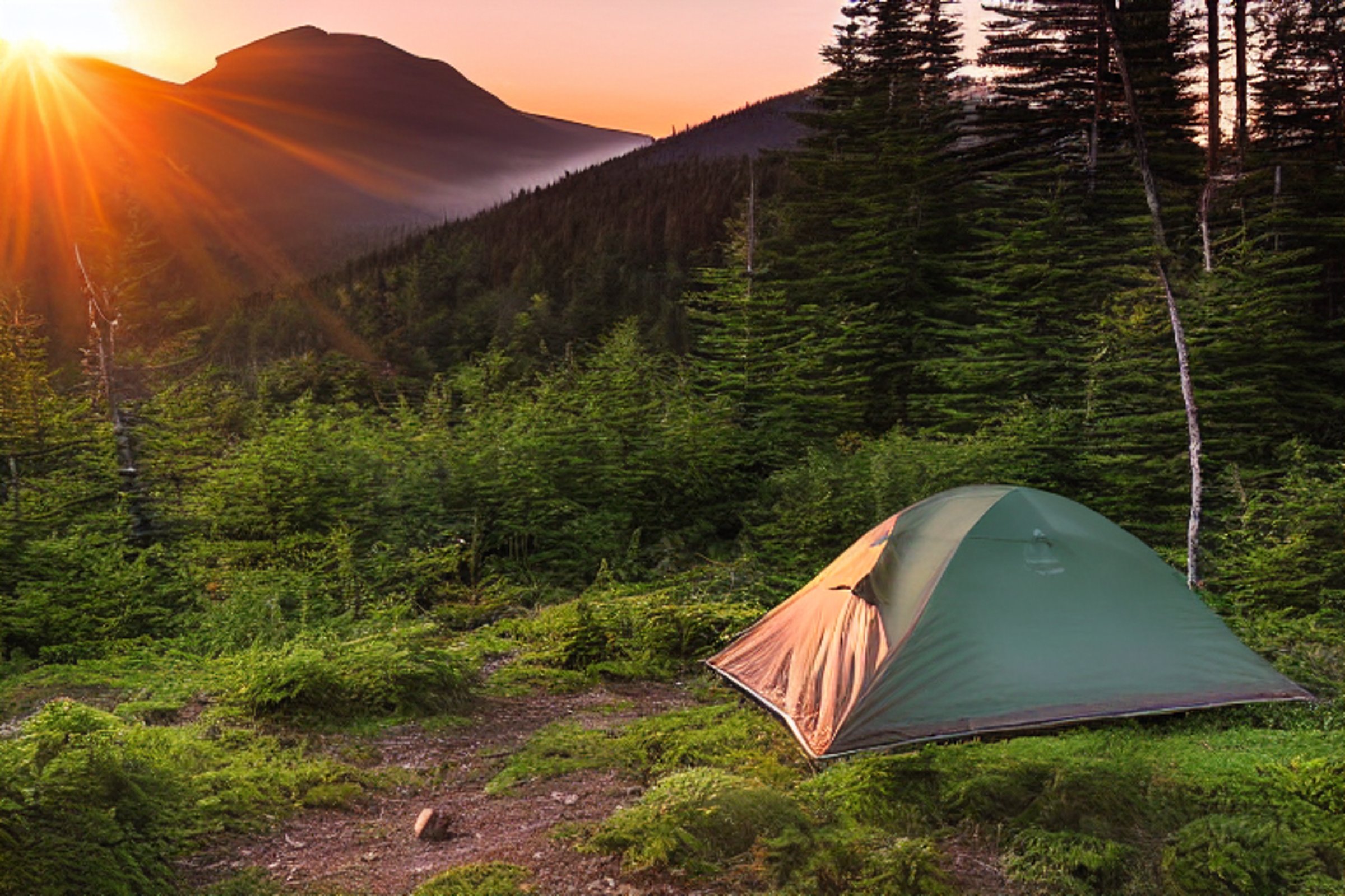 A forest green tent rests on a quiet dirt campsite in Acadia National Park. Tall trees and soft ferns surround the clearing, while mountains rise in the distance. The warm sunset light and clear sky create a peaceful camping scene.