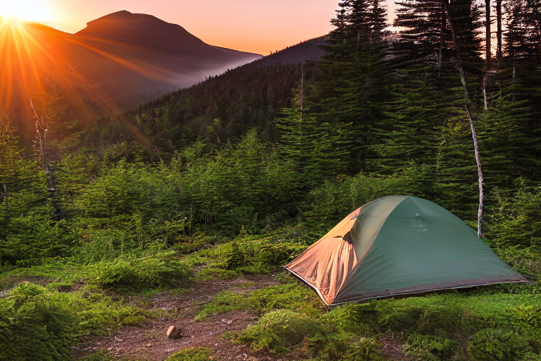 A forest green tent rests on a quiet dirt campsite in Acadia National Park. Tall trees and soft ferns surround the clearing, while mountains rise in the distance. The warm sunset light and clear sky create a peaceful camping scene.