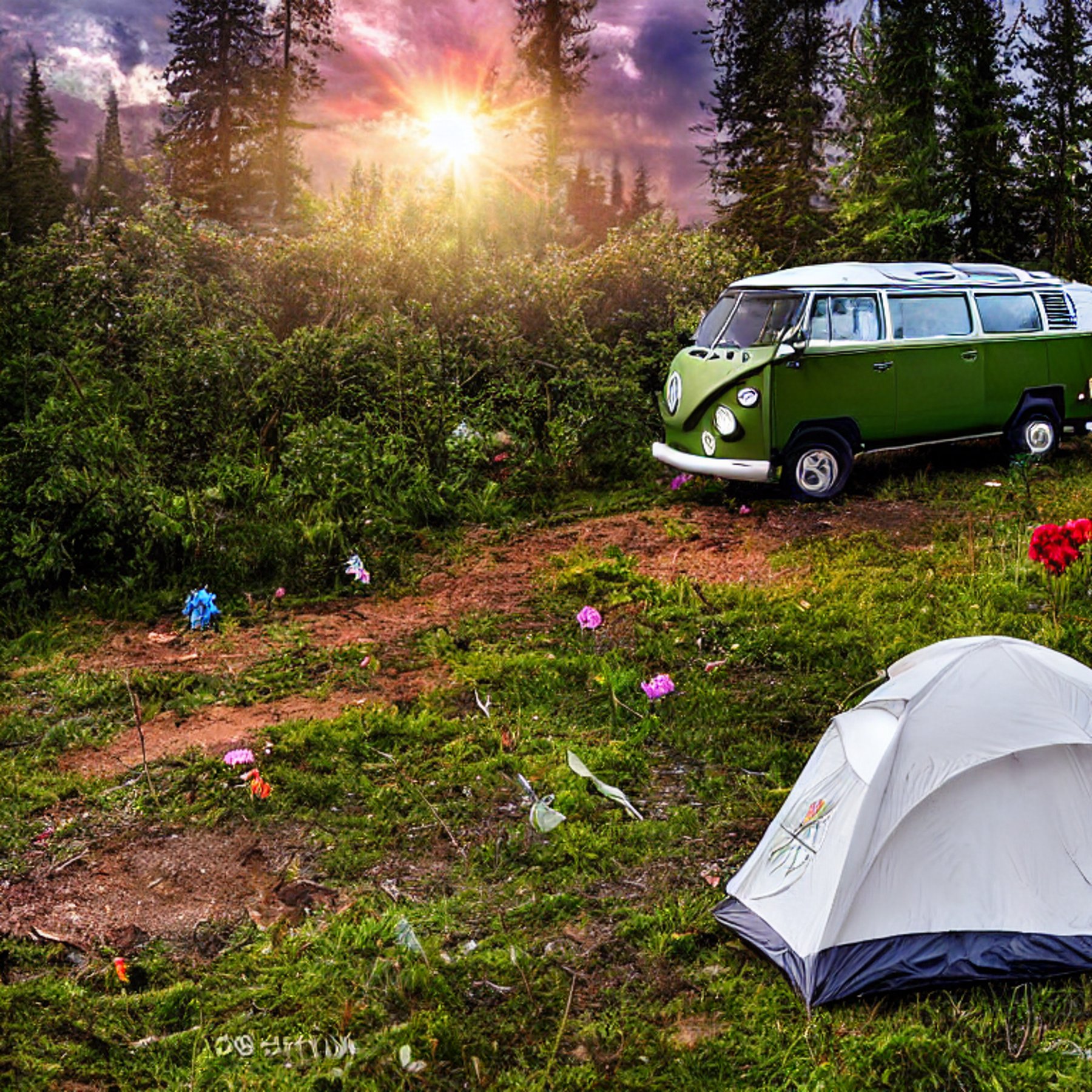 A forest-green camper van rests at a quiet campsite in Washington’s woods. Sunset glows through the stormy sky, while flowers and fallen leaves cover the dirt. A nearby tent shines with warm flashlight light.