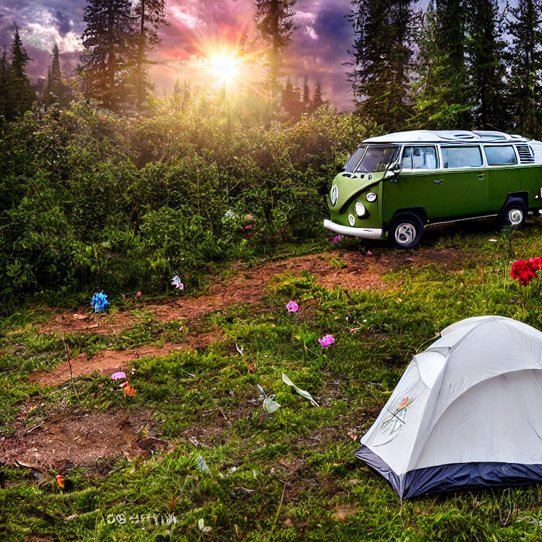 A forest-green camper van rests at a quiet campsite in Washington’s woods. Sunset glows through the stormy sky, while flowers and fallen leaves cover the dirt. A nearby tent shines with warm flashlight light.